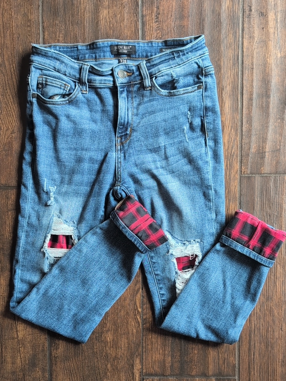 Judy Blue Jeans Distressed Buffalo Plaid Patch Skinny Fit Jeans - Women's 7/28